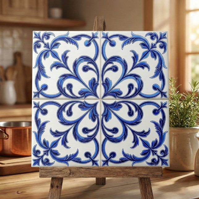 Portuguese Azulejo Blue and White Floral Scroll Fliese (Von Creator hochgeladen)
