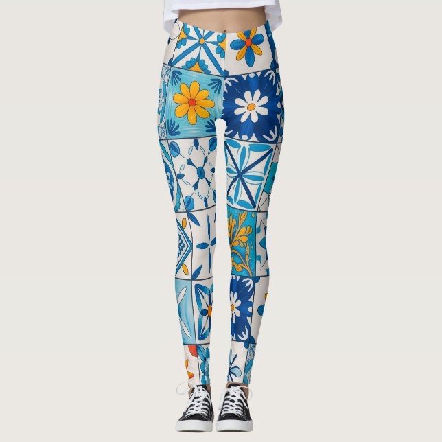 Portuguese Azulejo Tile Leggings – Blue & Yellow M (Vorderseite)