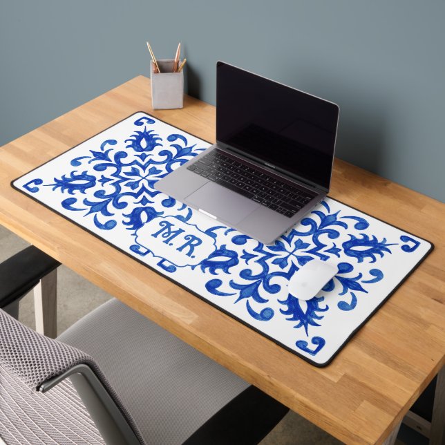 Portuguese Blue Tile Monogram  Schreibtischunterlage (Büro 2)