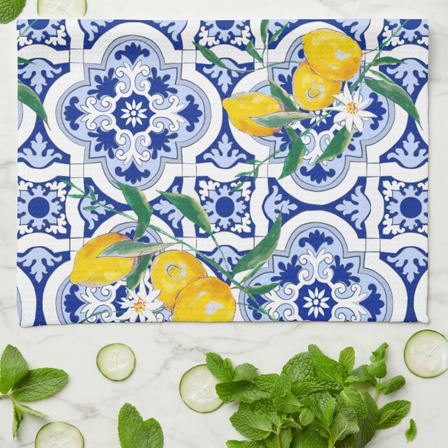 Portuguese tiles,lemons,fruits,summer art  geschirrtuch (Gefaltet)