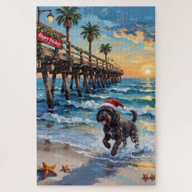 Portuguese Water Dog Christmas Beach Boardwalk (Vertikal)