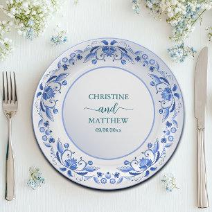 Porzellanblaue florale Hochzeit   Pappteller