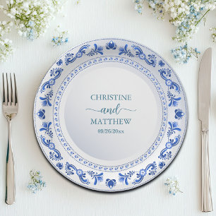 Porzellanblaue Hochzeit mit Blumenmuster Pappteller