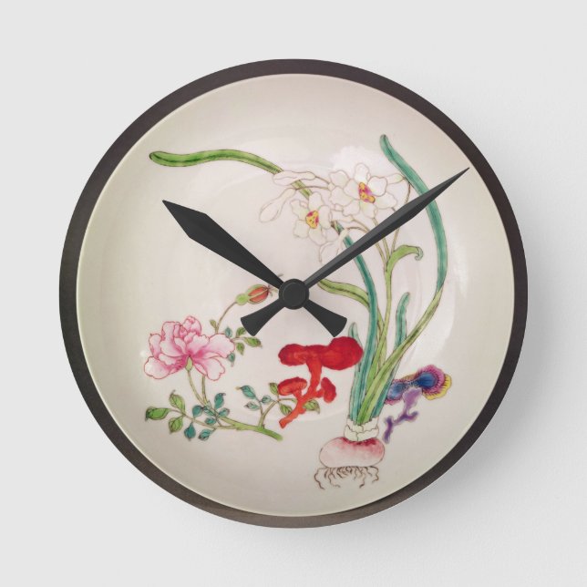 Porzellanteller, famille Rosendekoration, Yung Runde Wanduhr (Vorderseite)
