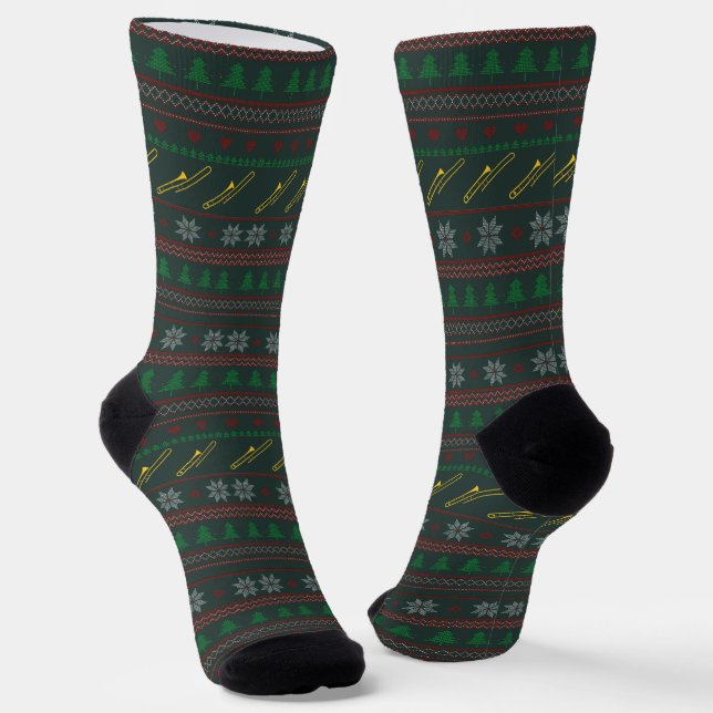 Posaune hässliches Weihnachtspullover-Muster Feier Socken (Gewinkelt)