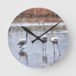 Pose Flamingo Wasserfarbe Runde Wanduhr