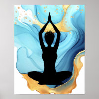 Pose Gebet Yoga Frau Blue Gold kurze Haare wirbeln