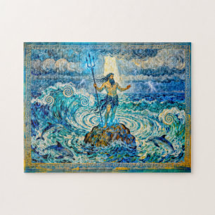 Poseidon auf Meeresfelsen mit Dreizack und Delfine