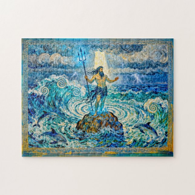 Poseidon on Sea Rocks with Trident and Dolphins (Horizontal)