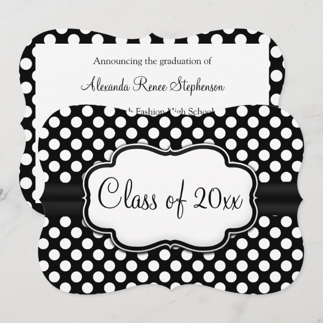 Posh Black White Polka Dot Graduation/Party Einladung (Vorne/Hinten)