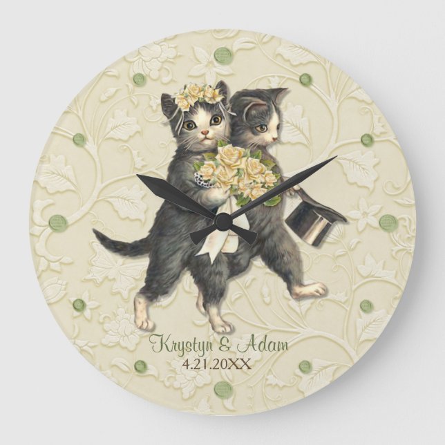 Posh Cats Hochzeit Elfenbein Große Wanduhr (Vorderseite)