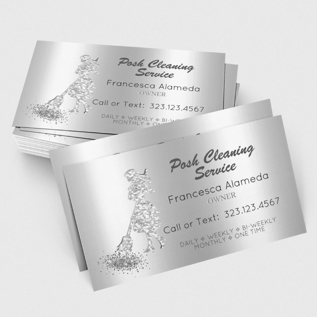 Posh Cleaning Service Metallic Silver Glitzer Maid Visitenkarte (Von Creator hochgeladen)