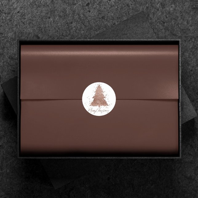 Posh Frohe Weihnachten | Glam Rose Gold Tree Custo Runder Aufkleber (Von Creator hochgeladen)