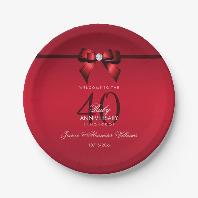 Posh Gem Bow & Ribbon 40. Hochzeitsfeier Pappteller (Vorderseite)