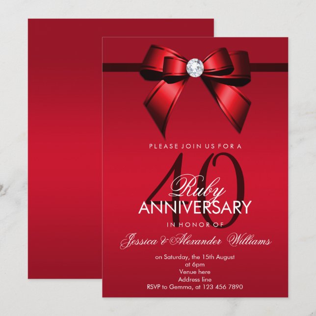 Posh Gem Bow & Ribbon 40 Jahre Hochzeit Einladung (Vorne/Hinten)