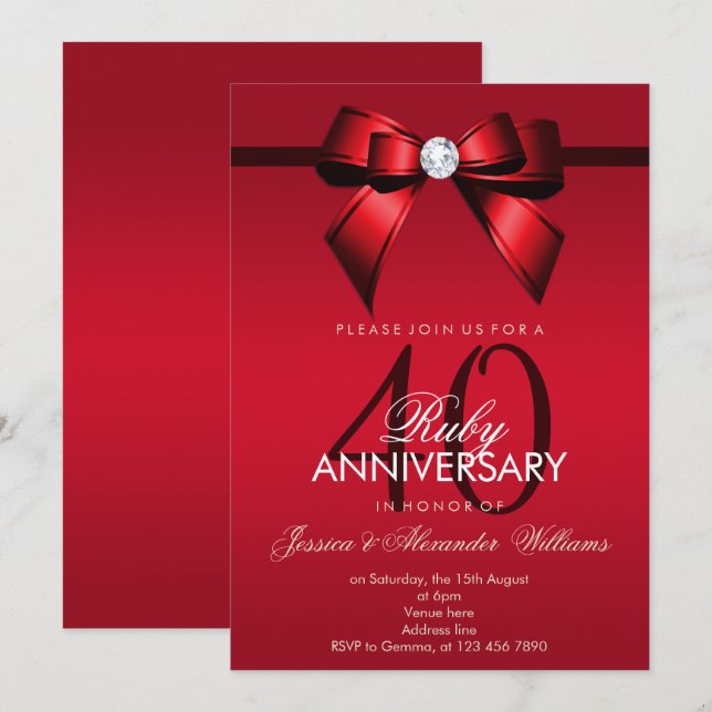 Posh Gem Bow & Ribbon 40 Jahre Hochzeit Einladung (Vorne/Hinten)