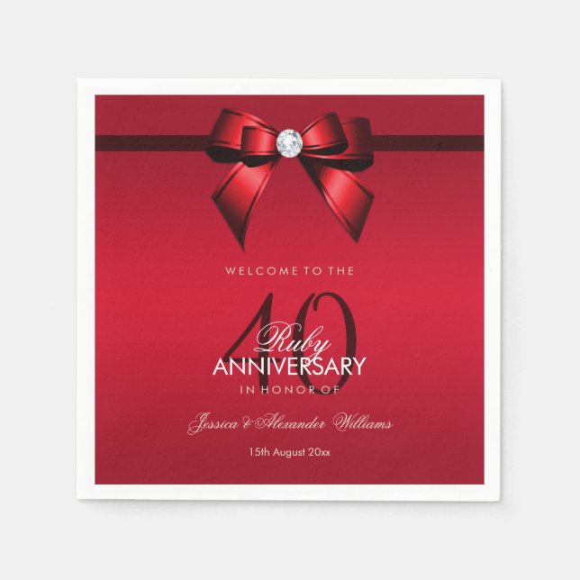 Posh Gem Bow & Ribbon 40 Jahre Hochzeit Serviette (Vorderseite)