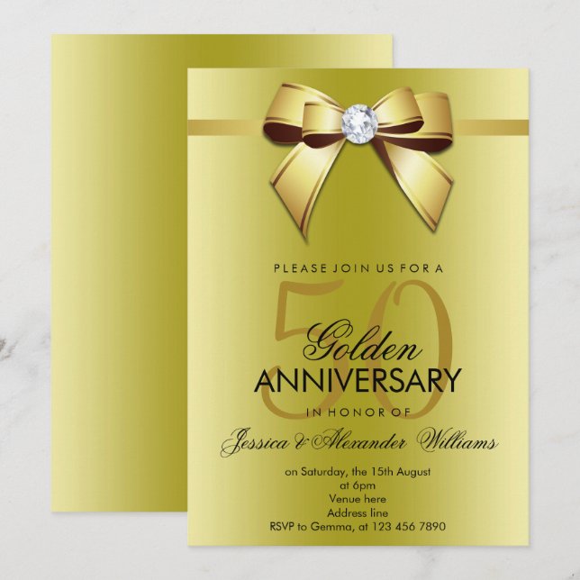 Posh Gem Bow & Ribbon 50. Hochzeitstag Einladung (Vorne/Hinten)