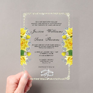 Posh Gerahmt, Diamant Rings & Yellow Roses Wedding Acryleinladungen