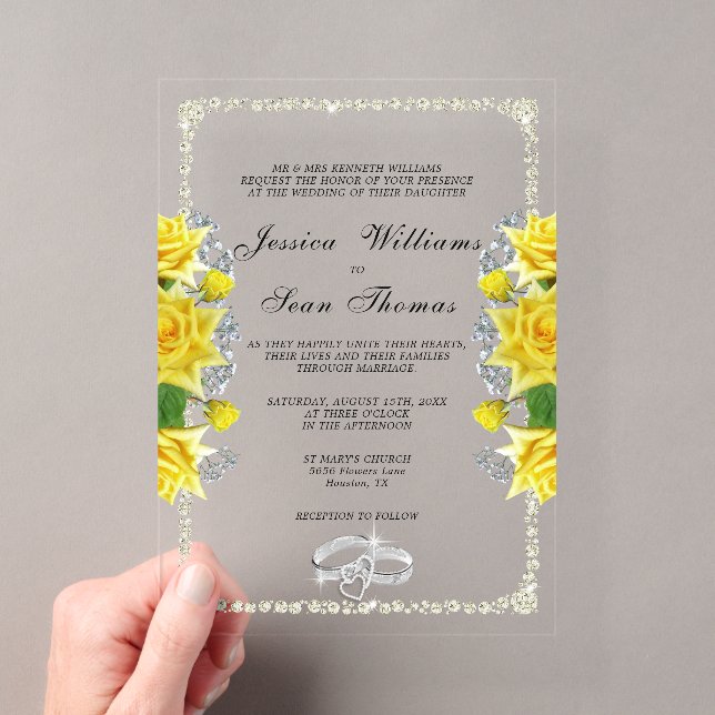 Posh Gerahmt, Diamant Rings & Yellow Roses Wedding Acryleinladungen (Insitu (Handheld))
