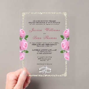 Posh Gerahmt Diamond Rings & Pink Roses Wedding Acryleinladungen