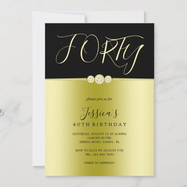Posh Gold & Black Elegant Diamonds 40. Geburtstag Einladung (Vorderseite)