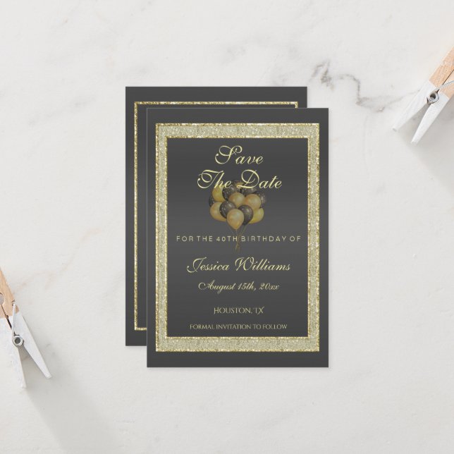 Posh Gold Black, Glitzer & Balloons Save the Date (Vorderseite/Rückseite Beispiel)