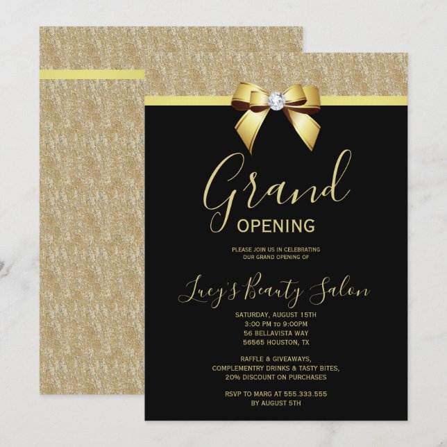 Posh Gold Jewel Bow Grand Opening Einladung (Vorne/Hinten)