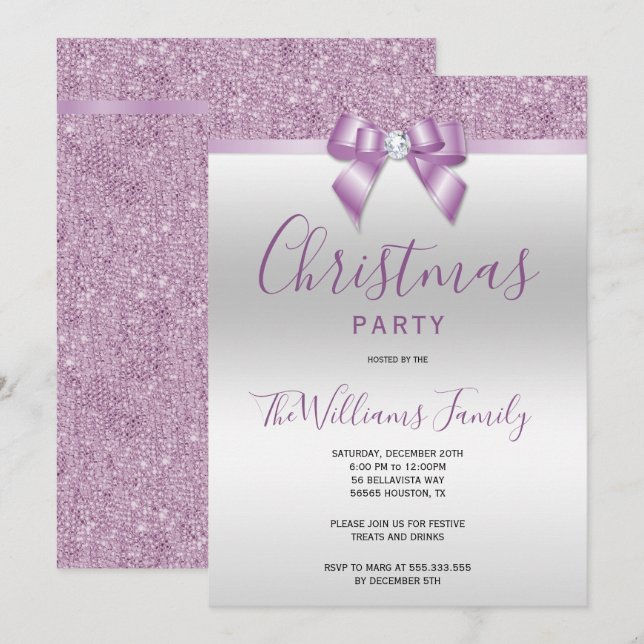 Posh Lilac Jewel Bow Weihnachtsgebäck Party Einladung (Vorne/Hinten)