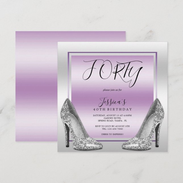 Posh Lilac & Silver Stilettos 40. Geburtstag Einladung (Vorne/Hinten)