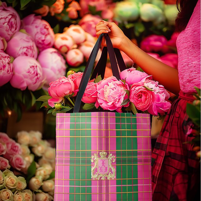 Posh Mit Monogramm rosa und grüne Karierte Totbeut Tasche (Chic Luxe Plaid Green and Pink Crest Monogrammed Tote)