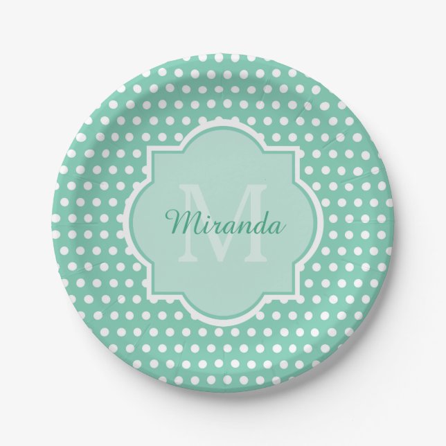 Posh Polka Dots Mint Green Monogram und Name Pappteller (Vorderseite)