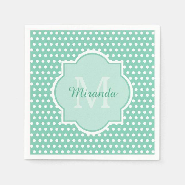 Posh Polka Dots Mint Green Monogram und Name Serviette (Vorderseite)