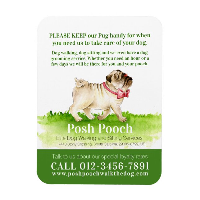 Posh pooch niedlicher Mops Hundelwanderservice Magnet (Vertikal)