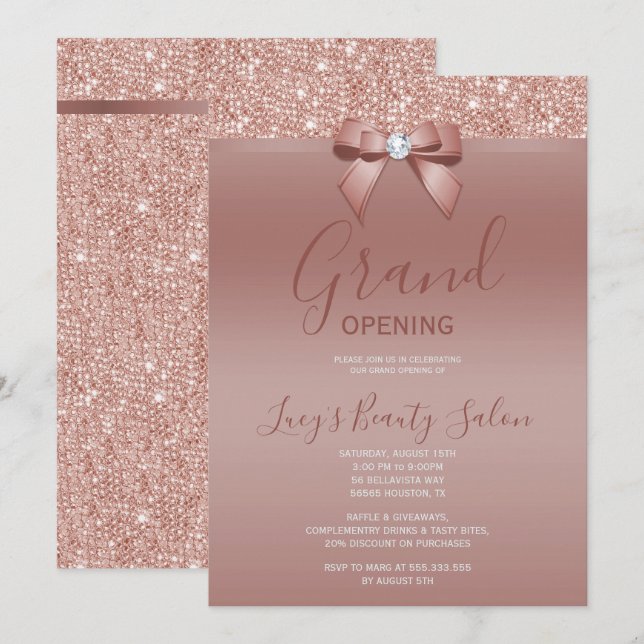 Posh Rose Gold Jewel Bow Grand Opening Einladung (Vorne/Hinten)