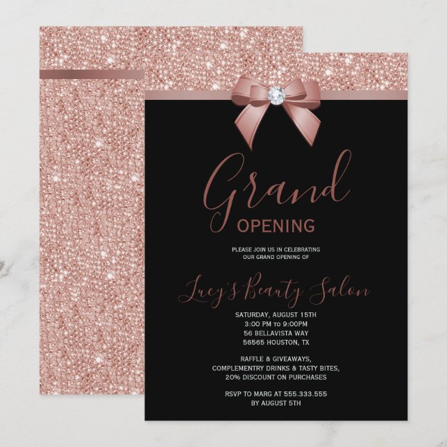 Posh Rose Gold Jewel Bow Grand Opening Einladung (Vorne/Hinten)