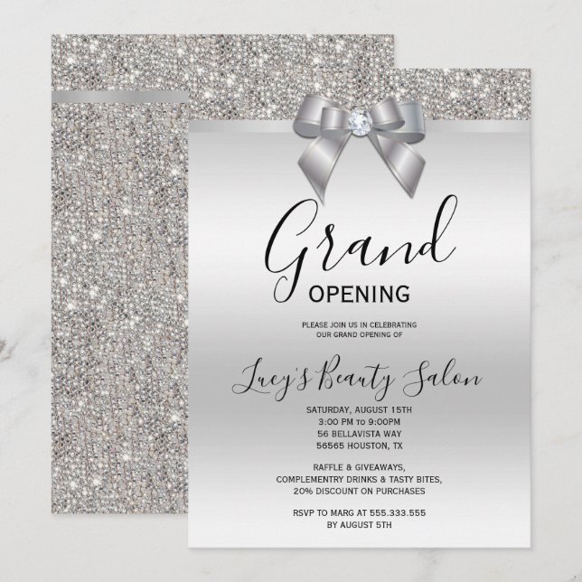 Posh Rose Silver Jewel Bow Grand Opening Einladung (Vorne/Hinten)
