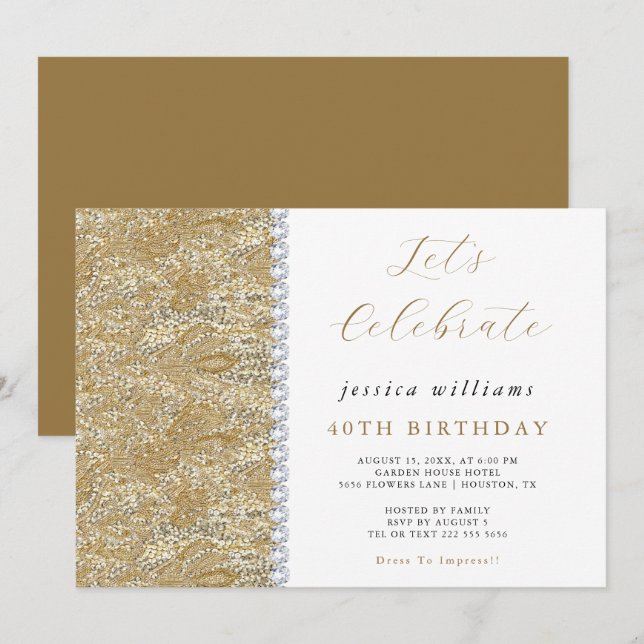 Posh Sequins & Diamonds Gold zum Geburtstag Einladung (Vorne/Hinten)