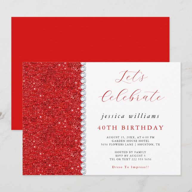 Posh Sequins & Diamonds Red zum Geburtstag Einladung (Vorne/Hinten)