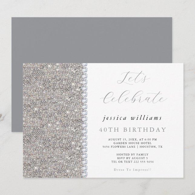 Posh Sequins & Diamonds Silver zum Geburtstag Einladung (Vorne/Hinten)