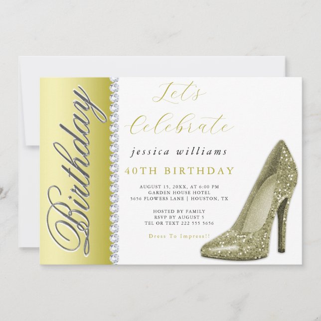 Posh Stiletto & Diamonds Gold zum Geburtstag Einladung (Vorderseite)