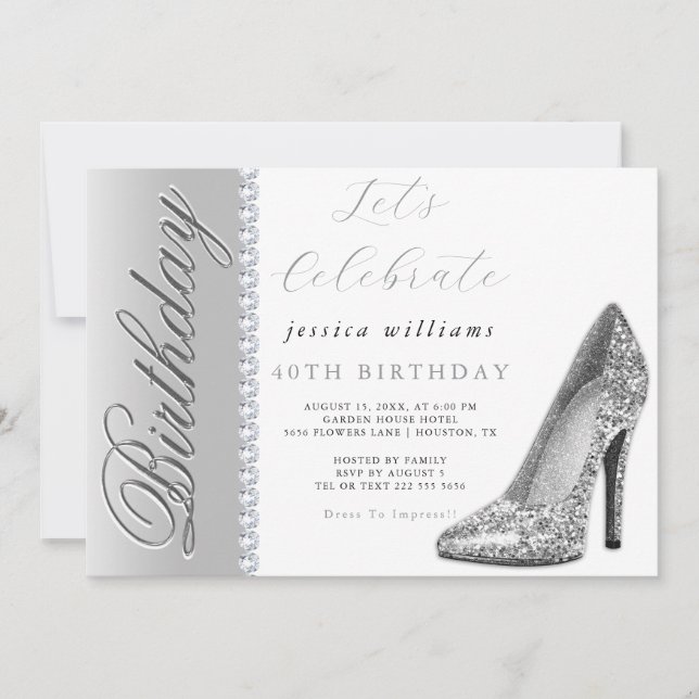 Posh Stiletto & Diamonds Silver Birthday Einladung (Vorderseite)