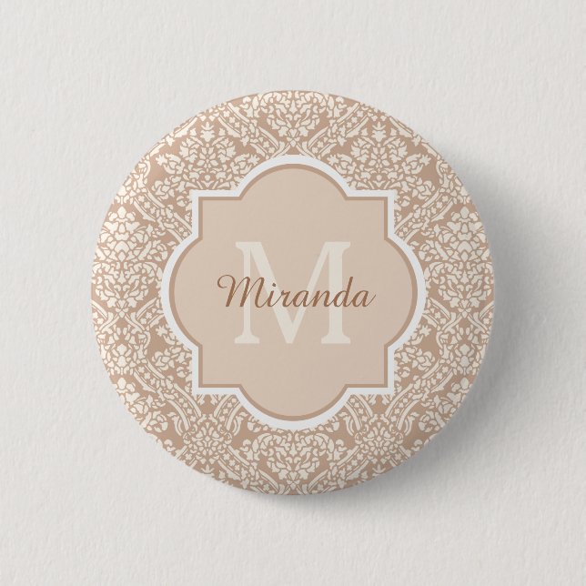 Posh Tan Damask Muster Monogram mit Name Button (Vorderseite)