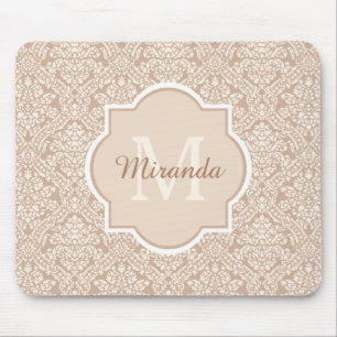 Posh Tan Damask Muster Monogram mit Name Mousepad