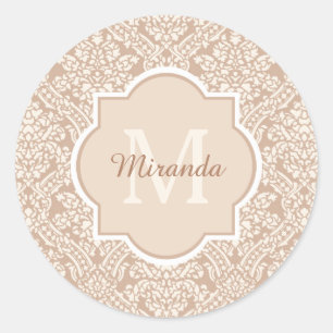 Posh Tan Damask Muster Monogram mit Name Runder Aufkleber