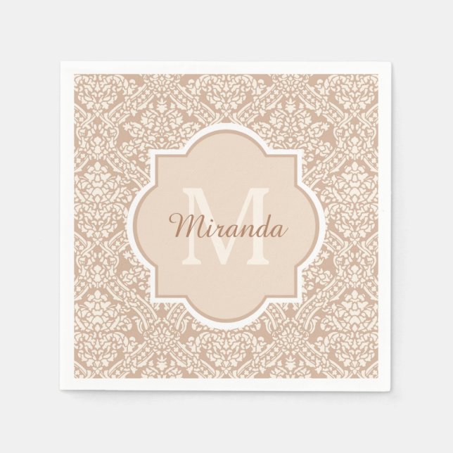 Posh Tan Damask Muster Monogram mit Name Serviette (Vorderseite)