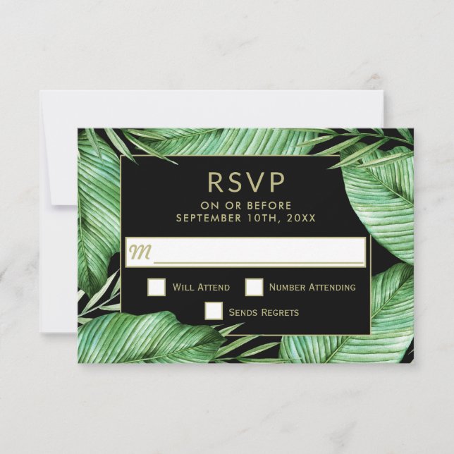 Posh Tropical Vibe Wedding RSVP Karte (Vorderseite)