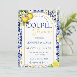 Positano Blue Tiles Lemon Couple Dusche Einladung