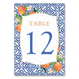 Positano Citrus Orange Antique Blue Tiles Wedding Tischnummer