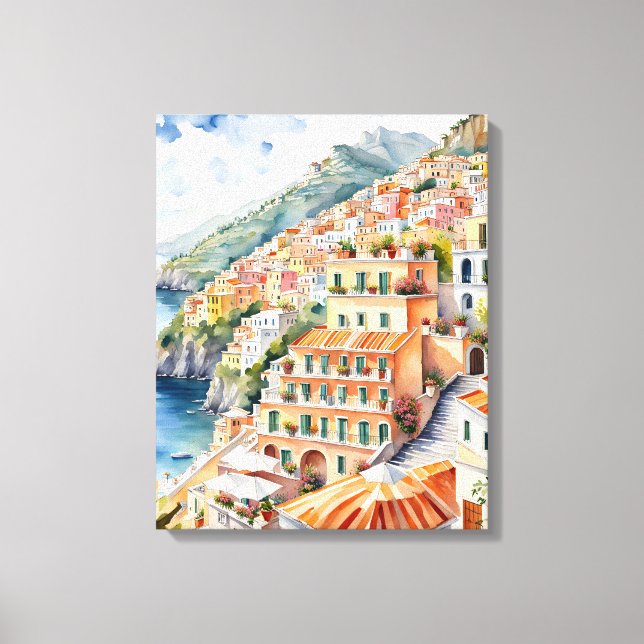 Positano: Die italienische Amalfiküste mit Aquarel Leinwanddruck (Vorderseite)